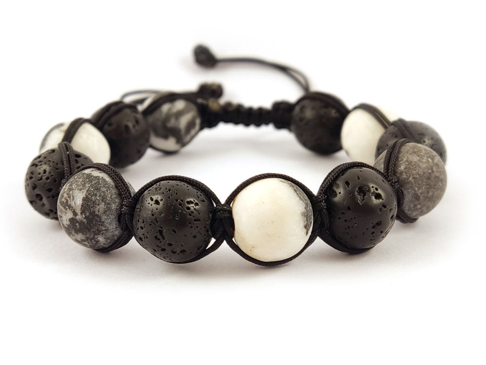Natural lava and black white jasper Shamballa bracelet handmade in Greece