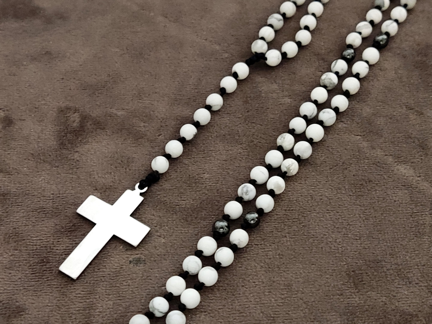 Handmade Rosary Necklace | Natural White Howlite and Hematite Stones | Stainless Steel Cross | Adjustable Length | Made in Greece