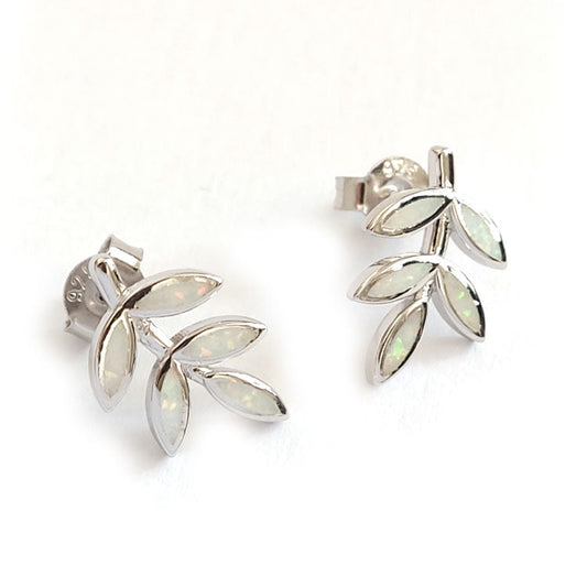 Sterling silver 925 stud earrings with white opal 5 leaves design