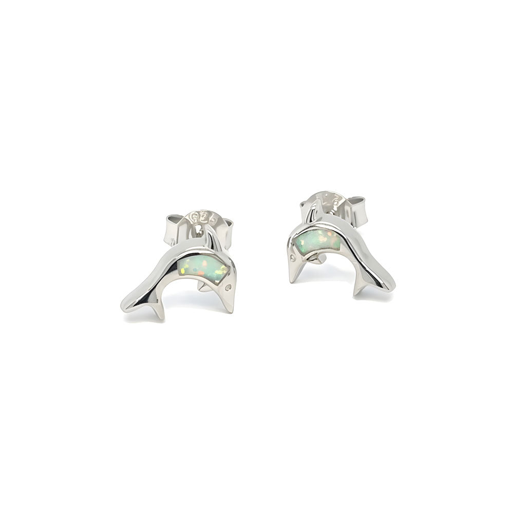 Sterling Silver 925 White Opal Small Dolphin Earrings