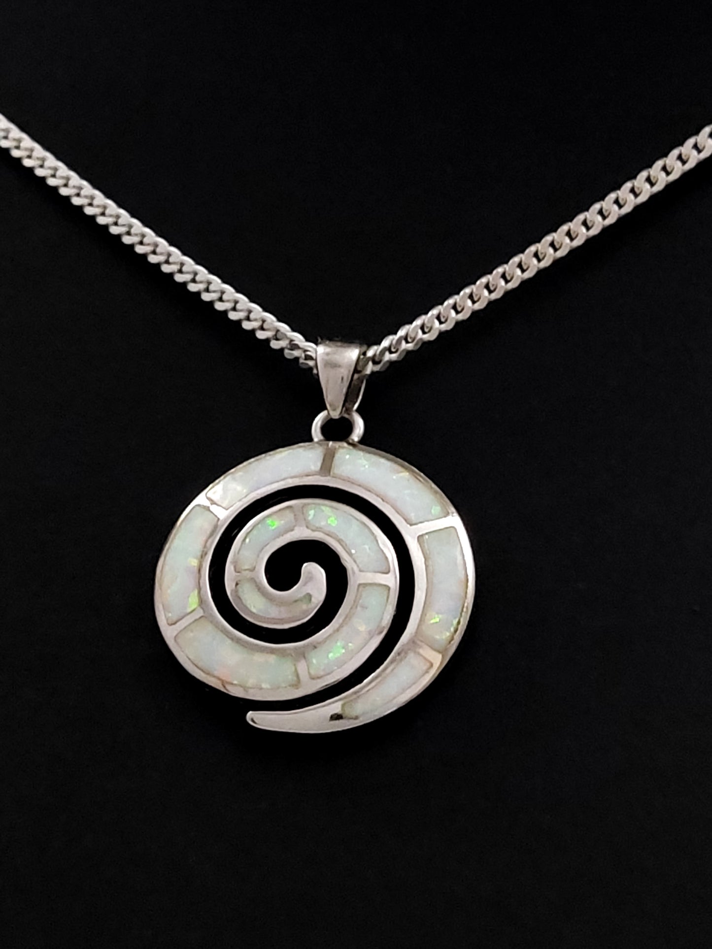 Greek Spiral White Opal Silver Pendant Necklace 23mm