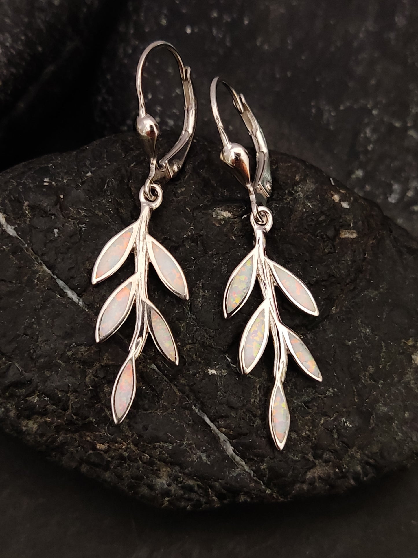 White Opal Leaf 5 Leaves Greek Silver Dangle Earrings