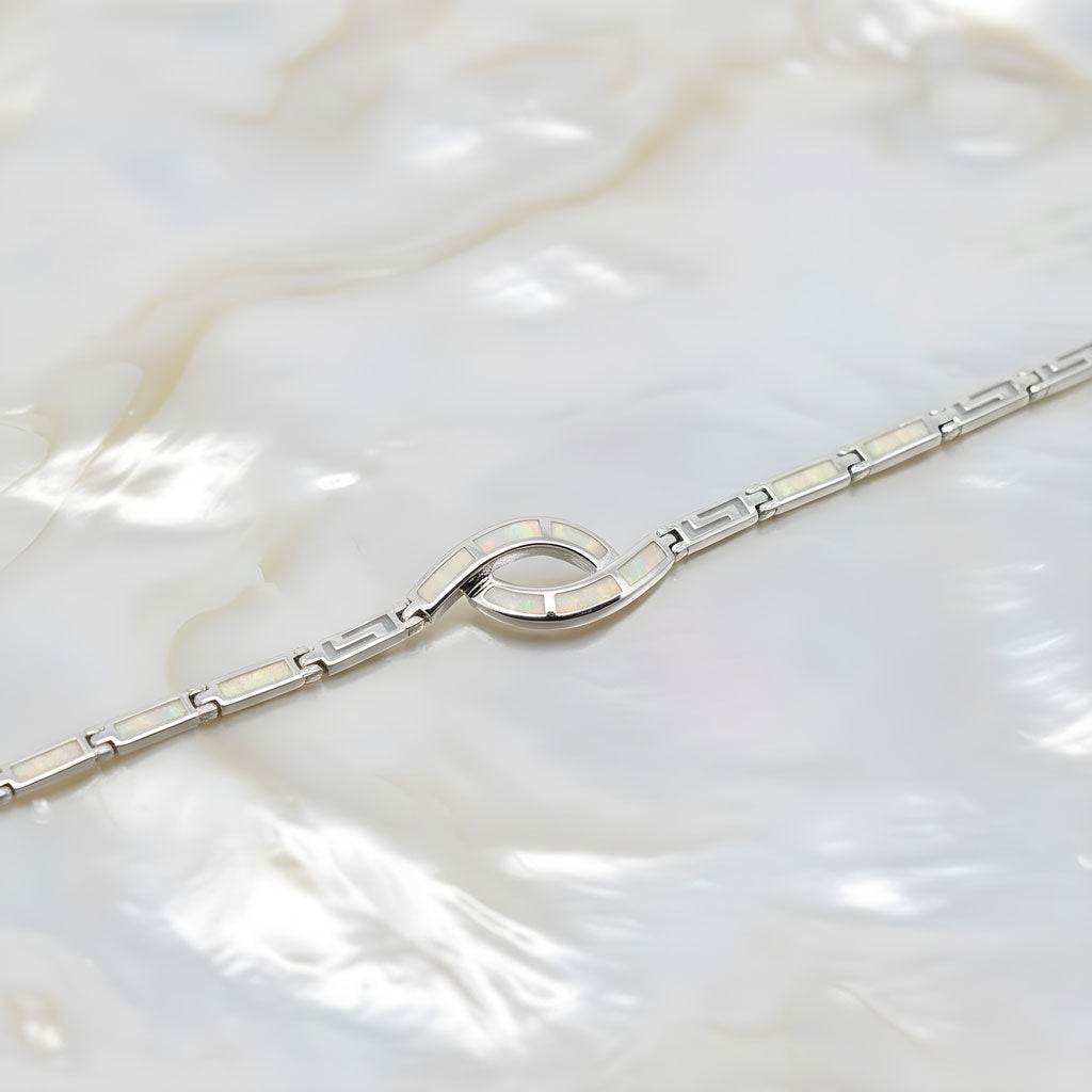 Sterling Silver 925 White Opal Greek Key Knot Bracelet