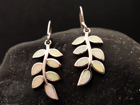 White opal leaves design dangle earrings made of sterling silver 925 from Greece.