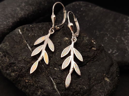 Greek silver earrings with the leaf design and white opal stones.