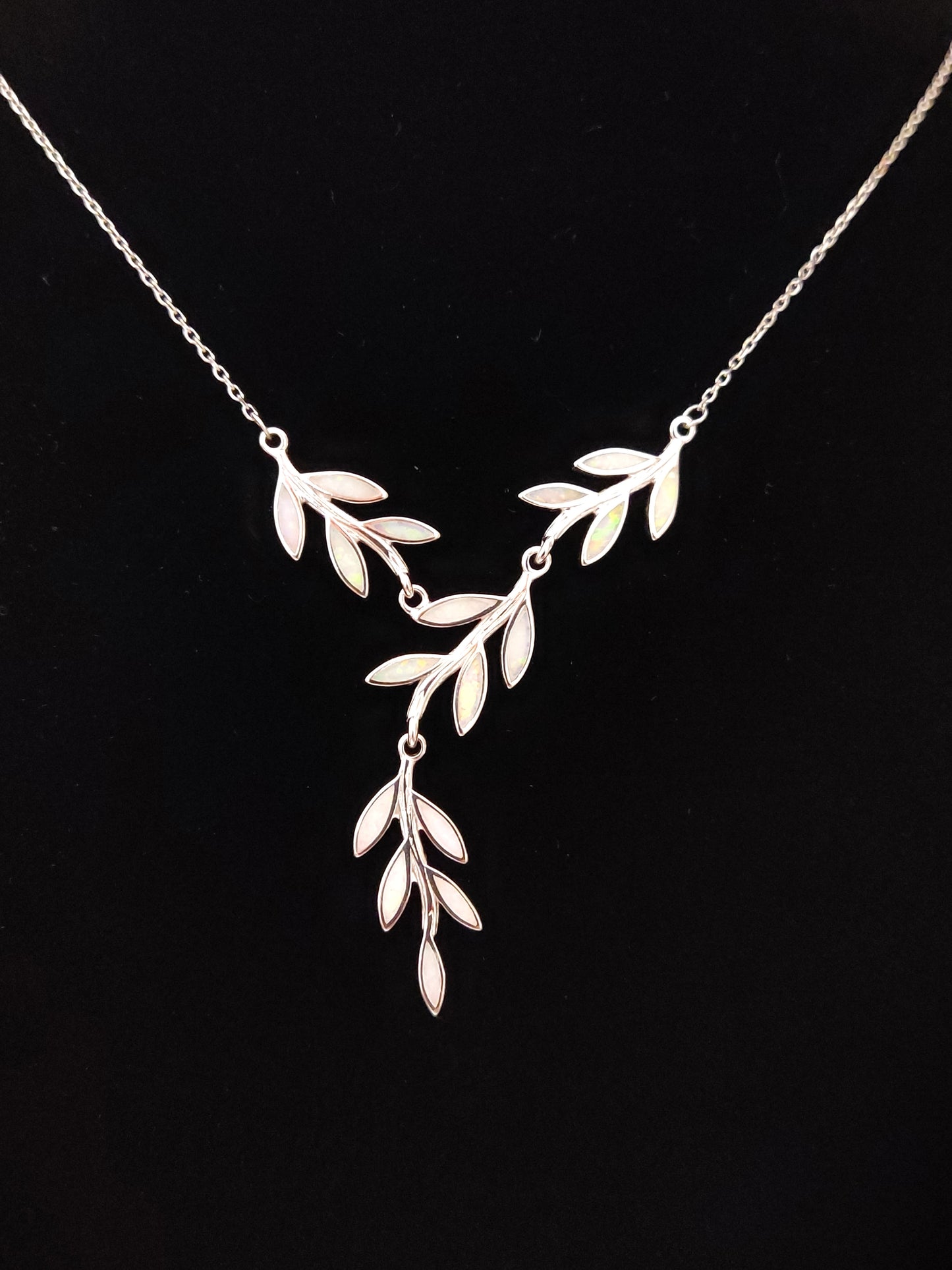 White Opal Leaf Leaves Silver Necklace