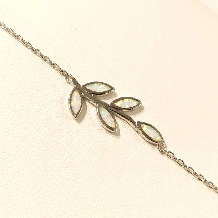 Sterling Silver 925 Greek chain bracelet which is adjustable and made of white opal stones in leaves shape.