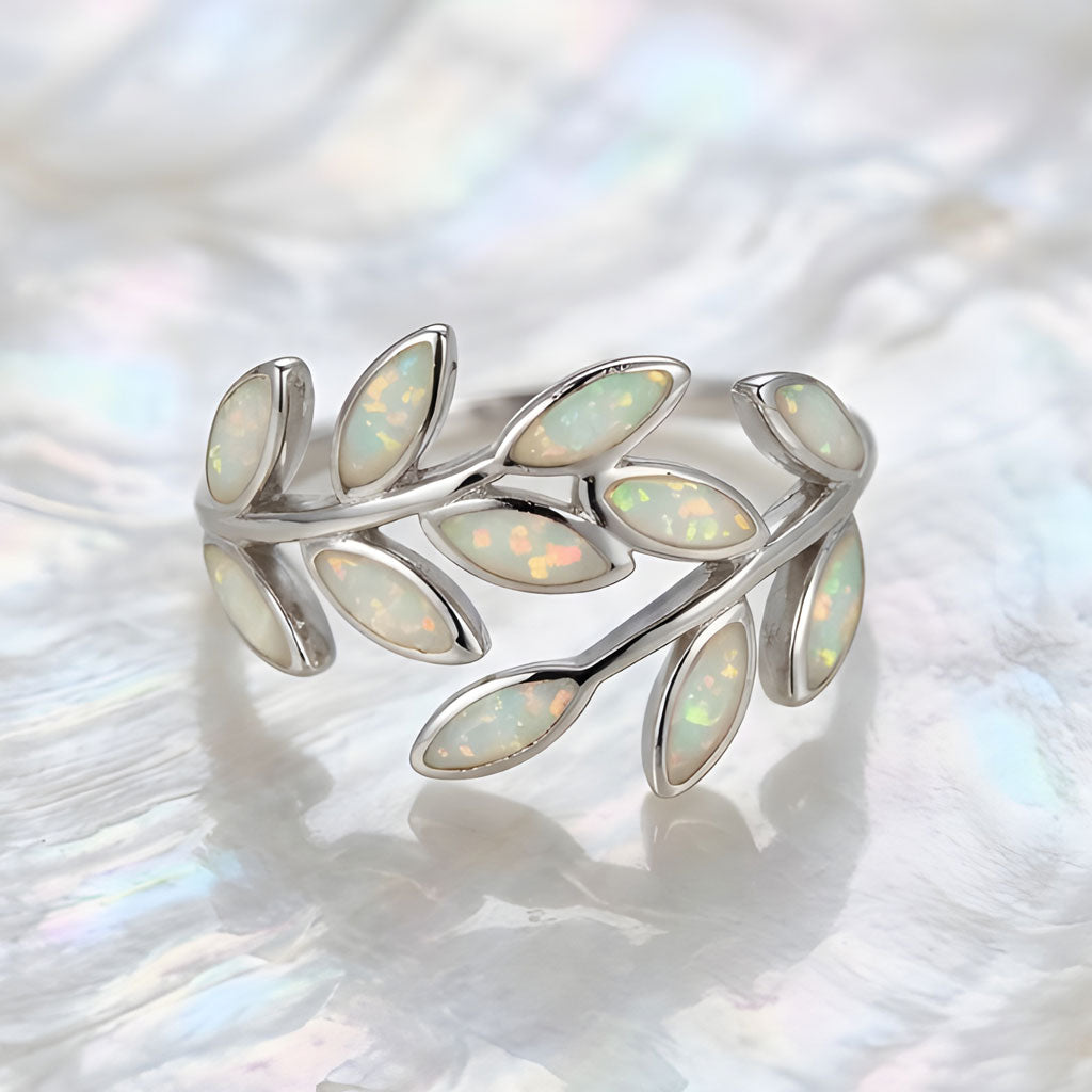 White Opal Greek Olive Leaf Leaves Silver Ring