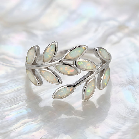 White Opal Greek Olive Leaf Leaves Silver Ring
