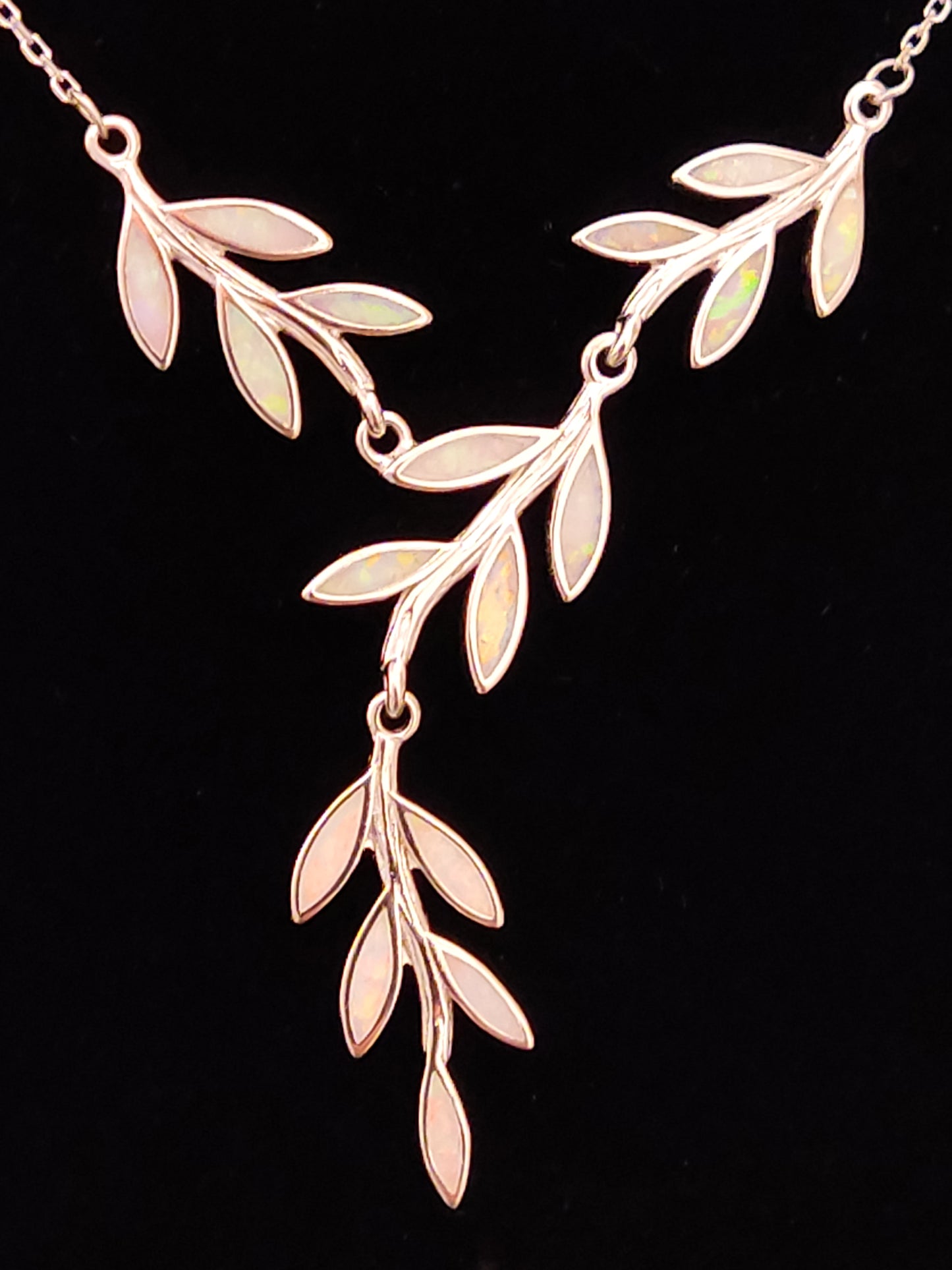 White Opal Leaf Leaves Silver Necklace