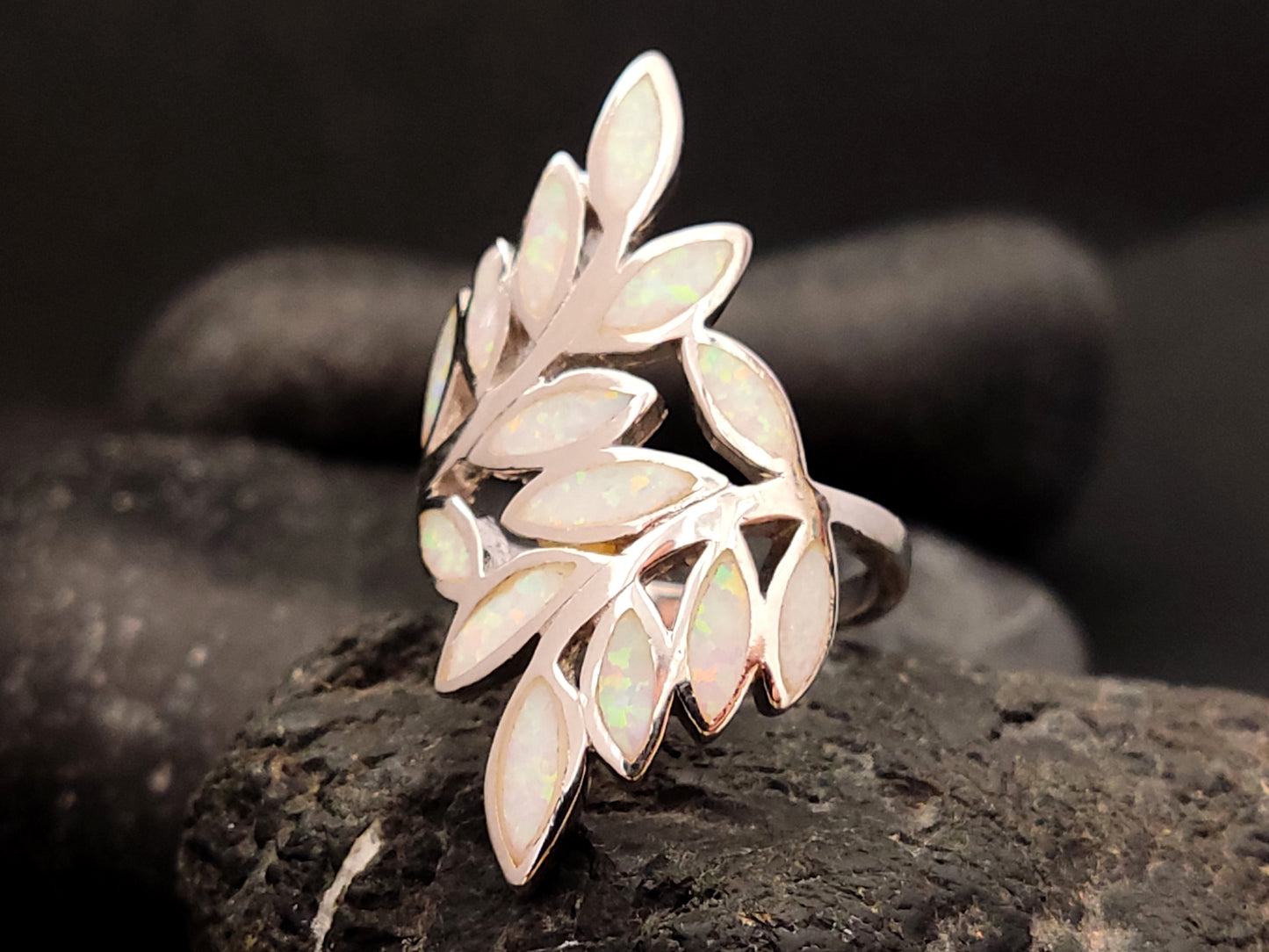 Greek Olive Leaf Leaves White Opal Silver Ring