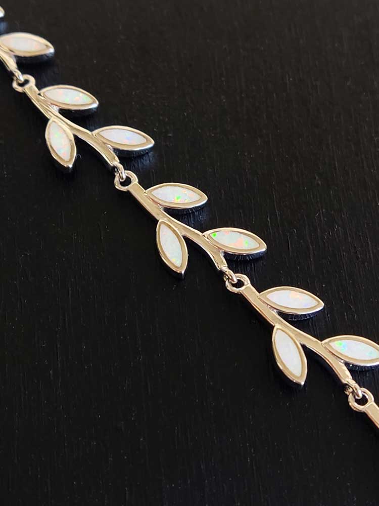 Sterling Silver 925 White Opal Leaf Leaves Adjustable Bracelet