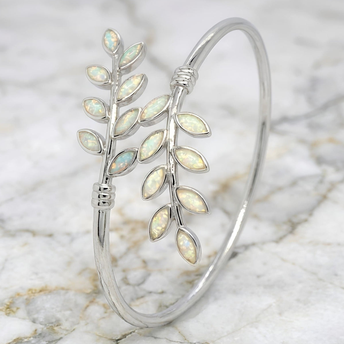 Sterling Silver 925 white opal Greek olive leaf cuff bracelet