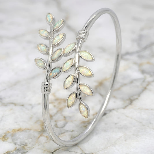 Sterling Silver 925 white opal Greek olive leaf cuff bracelet