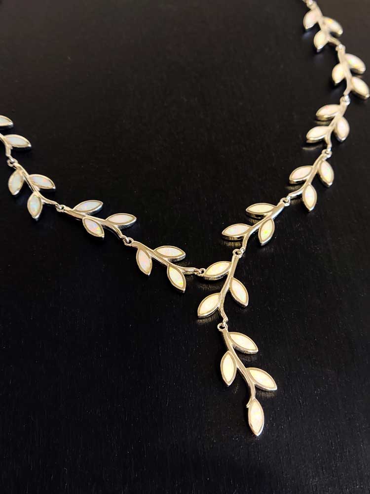 Sterling silver 925 necklace with white opal stones and Athena leaf design