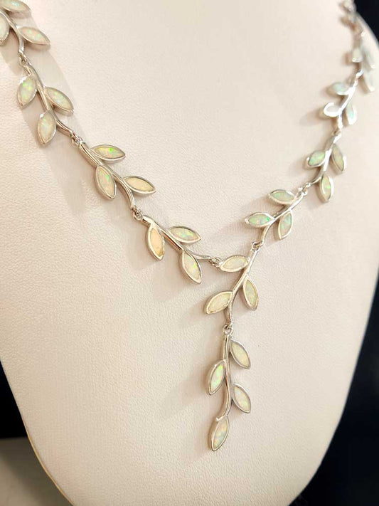 Sterling silver 925 necklace with white opal stones and Athena leaf design