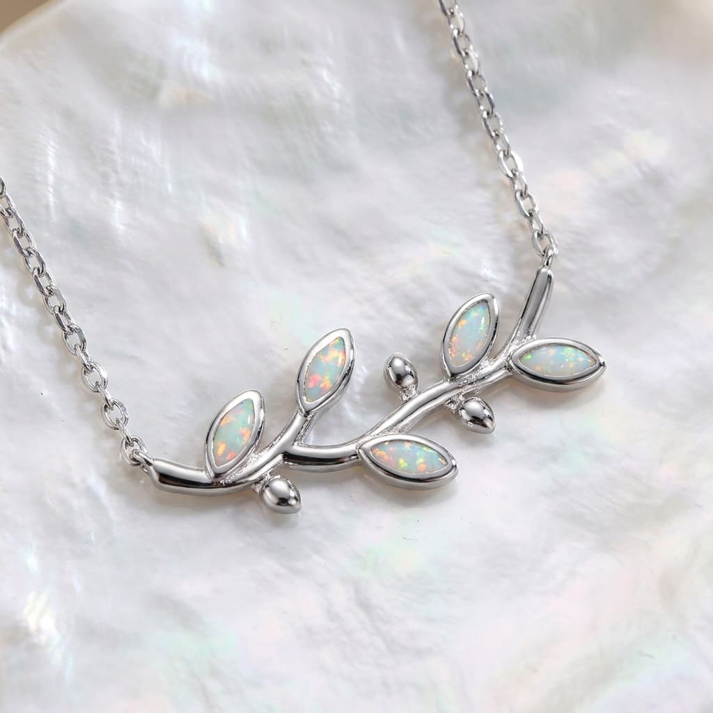 Sterling Silver 925 white opal olive leaves necklace inspired by Goddess Athena
