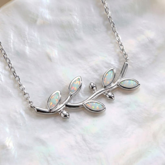 Sterling Silver 925 white opal olive leaves necklace inspired by Goddess Athena
