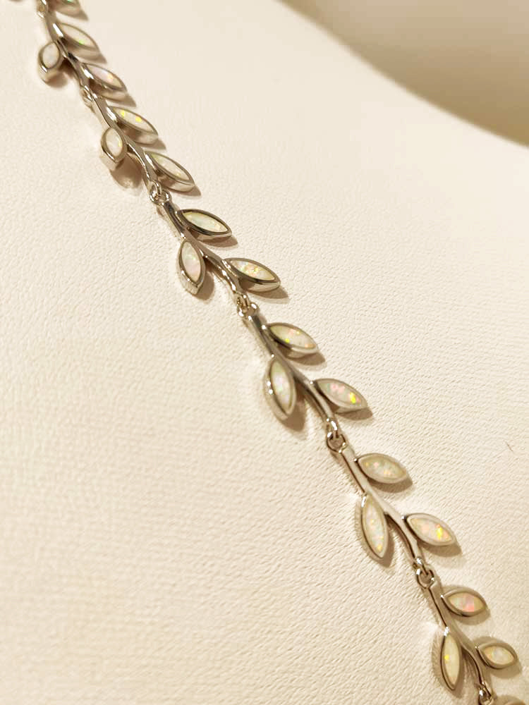 Sterling Silver 925 White Opal Leaf Leaves Adjustable Bracelet