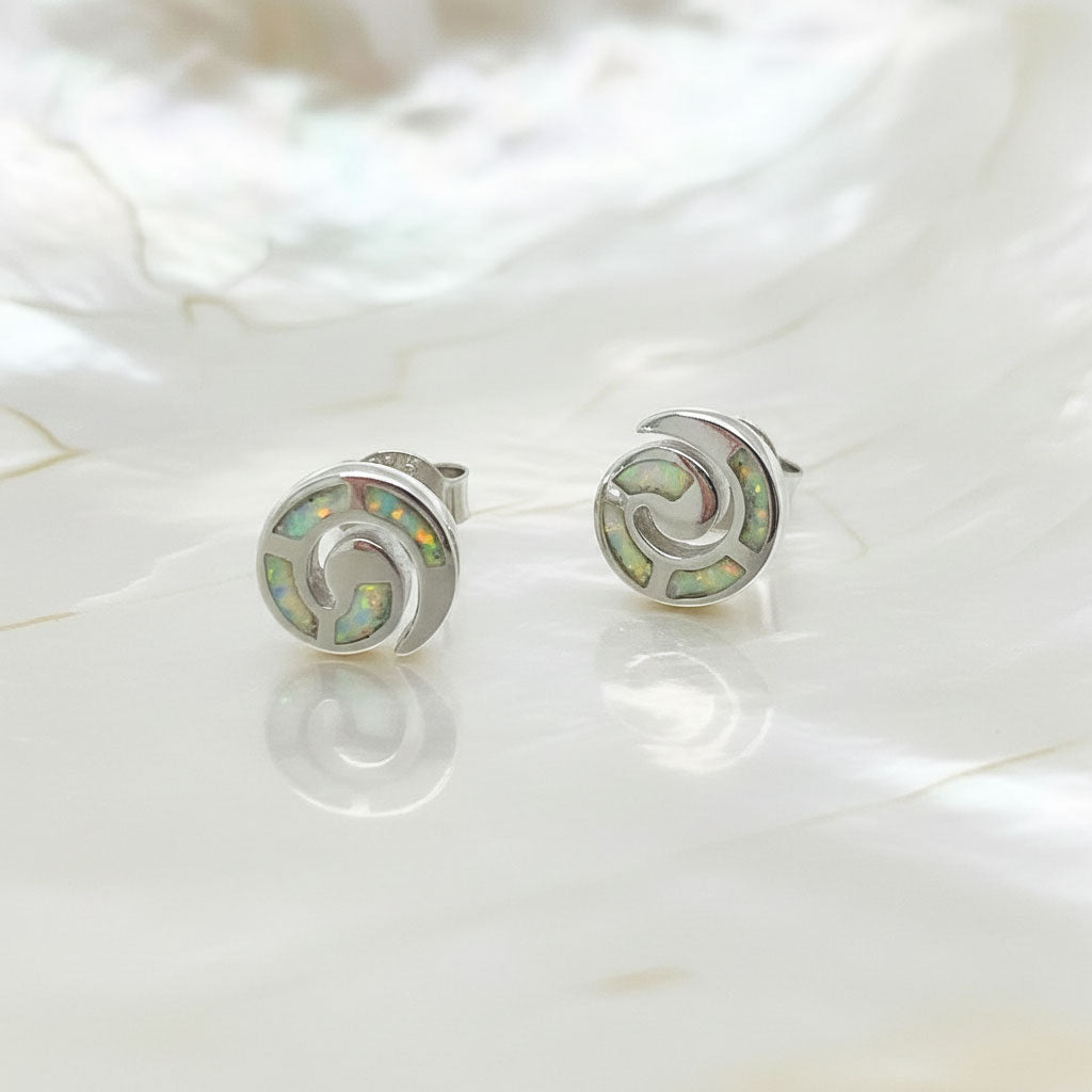 Handmade Greek silver opal stud earrings 9mm