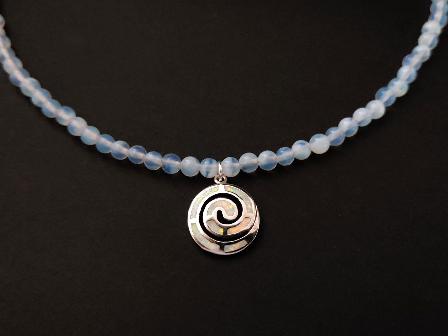 Greek White Opal Moonstone Silver Necklace