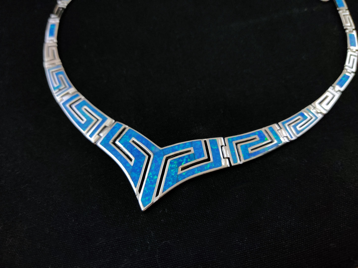 Silver Greek Blue Opal V Necklace