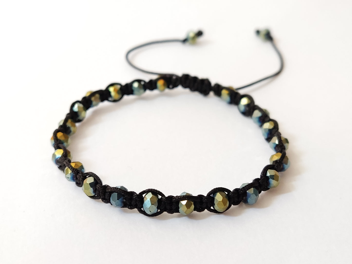 Crystal Macrame Adjustable Bracelet With Two Color Green-Silver Beads 4mm