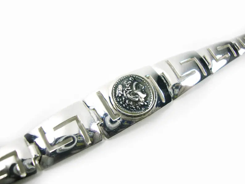 Sterling Silver 925 Greek bracelet featuring Ancient Greek Alexander The Great and Ancient Greek eternity key "Meander" symbol. Bracelet length is 19.5 cm or 7.60 inches. Brand new, hallmarked 925 and made in Greece.