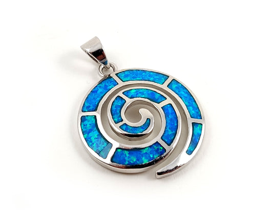 Spiral blue opal Greek silver pendant on white background