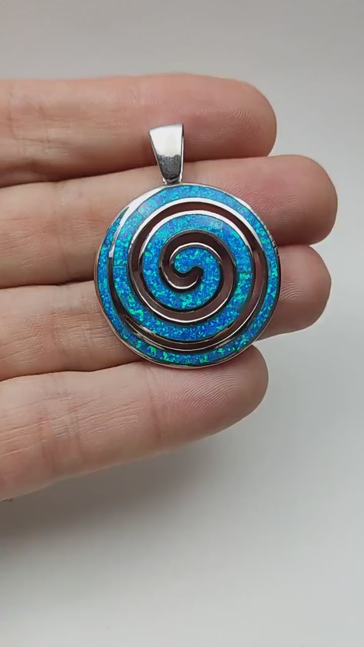 Silver Spiral Pendant With Blue Opal Stones 35mm | Sirioti Jewelry