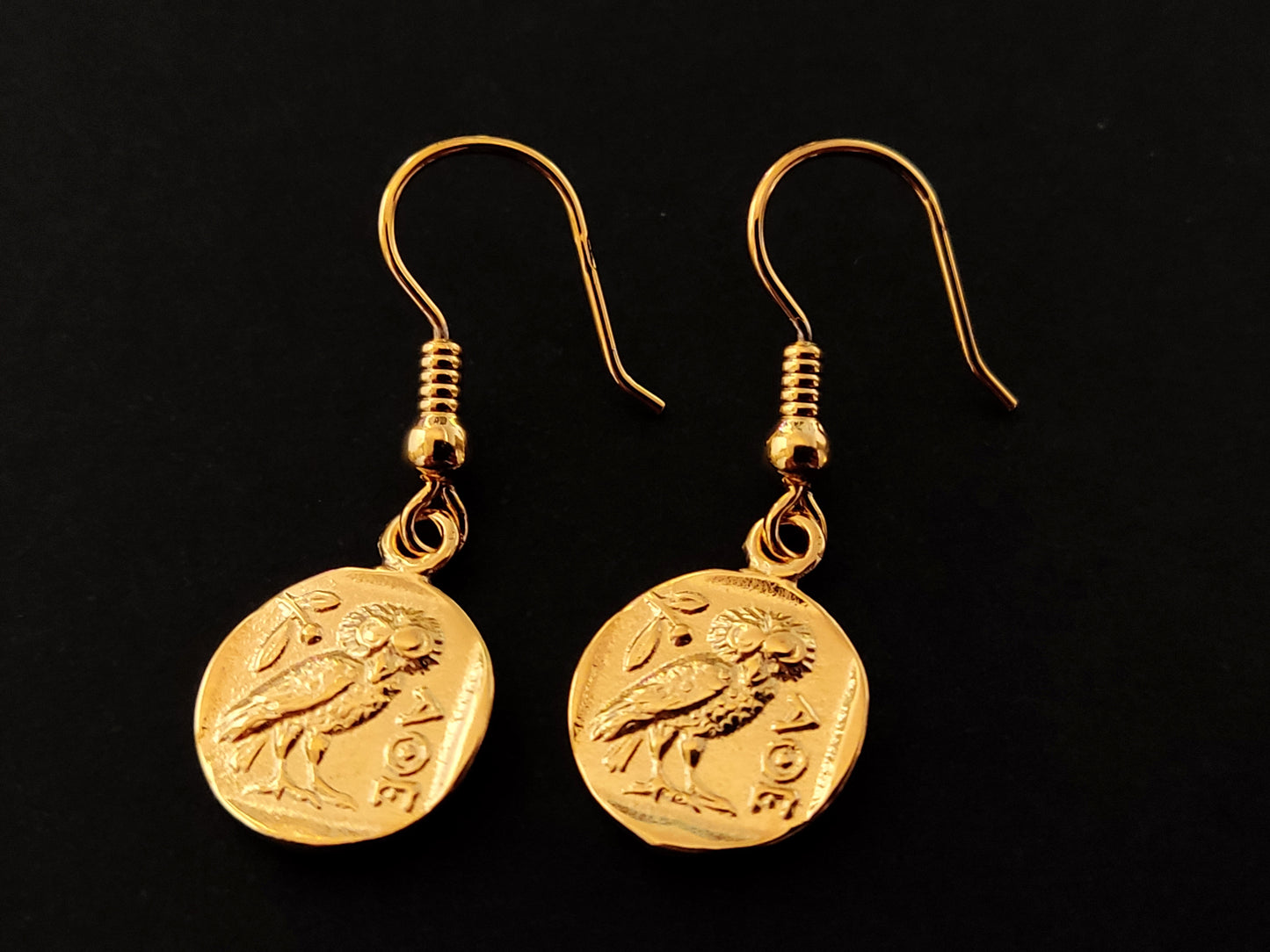Greek Owl Gold Plated Silver Dangle Earrings