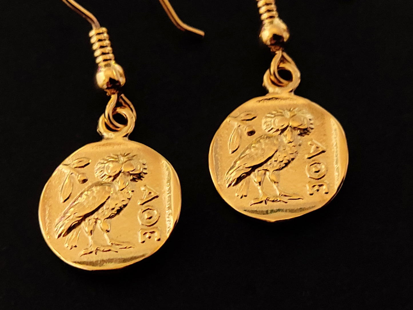 Greek Owl Gold Plated Silver Dangle Earrings