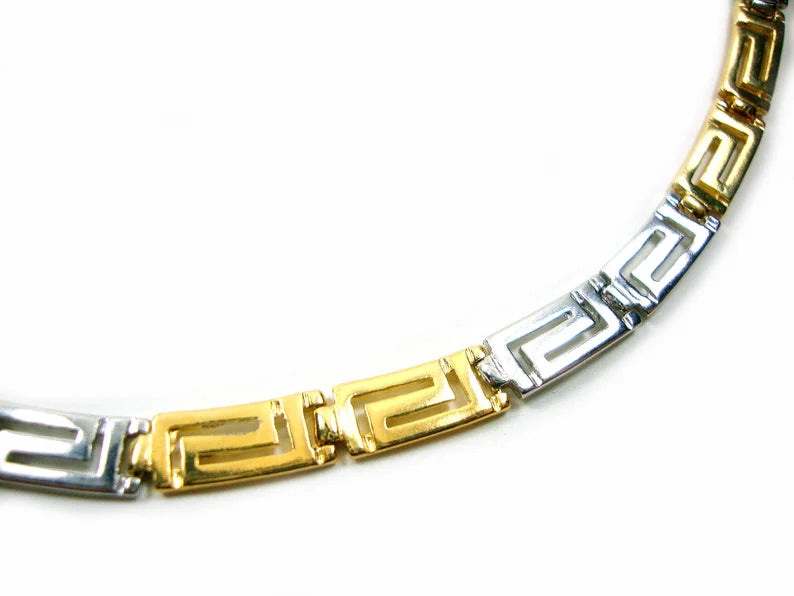 Sterling Silber 925 Altgriechischer Ewigkeitsschlüssel Meander Vergoldete 22K Halskette