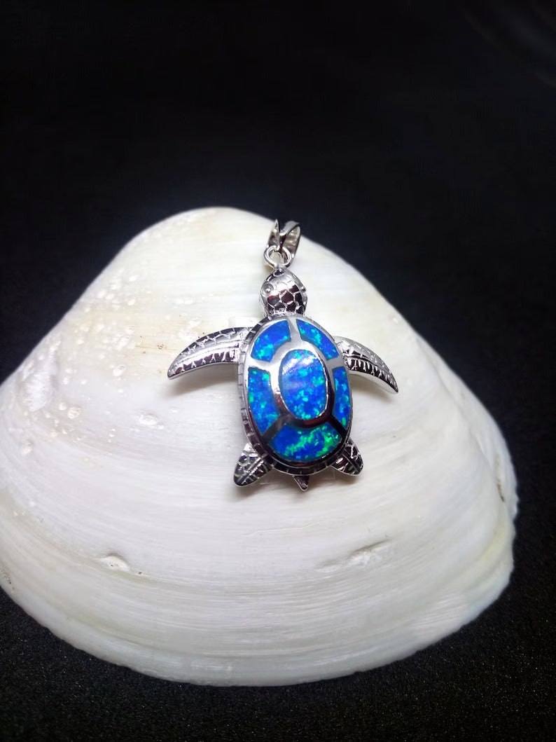Sterling Silver 925 Sea Turtle 25x25mm Opal Pendant