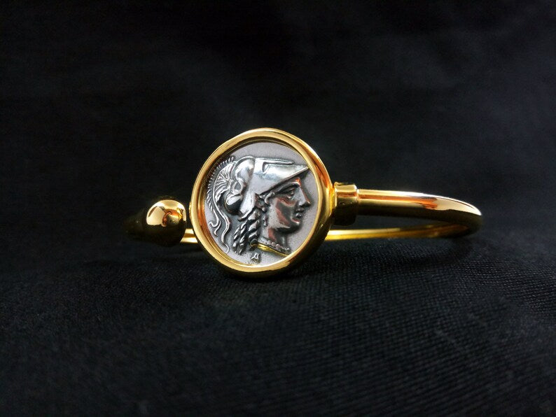 Sterling Silver 925 Goddess Athena Gold Plated Bangle Greek Coin 21mm Cuff Bracelet