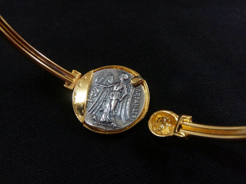 Sterling Silver 925 Goddess Athena Gold Plated Bangle Greek Coin 21mm Cuff Bracelet