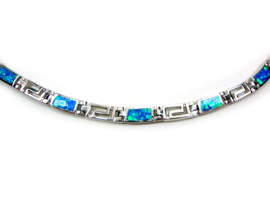 Sterling Silver 925 Greek Meander Fire Rainbow Blue Opal Necklace
