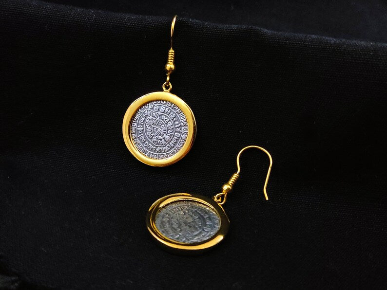 Boucles d'oreilles en argent sterling 925 Phaistos disque grec Minoan 2 tons plaqué or 21 mm
