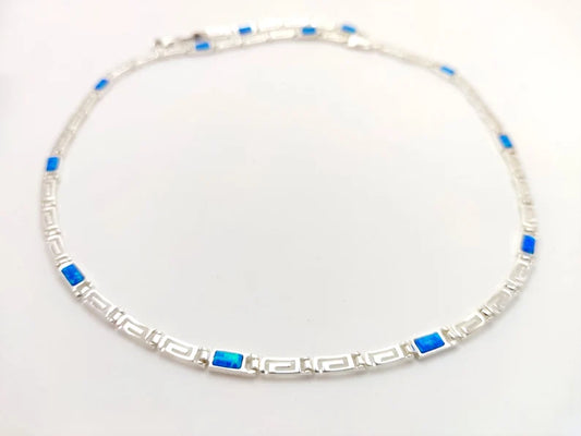 Sterling Silber 925 Halskette Mäander Unendlichkeit Griechischer Schlüssel Blauer Opal