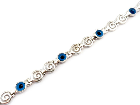 Greek Key Spiral Silver Bracelet, Evil Eye Nazar Jewelry