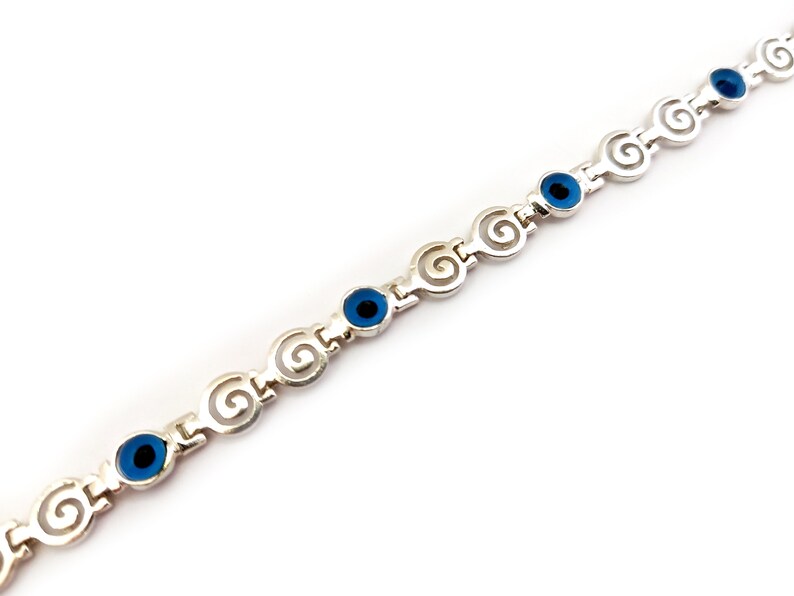 Greek Key Spiral Silver Bracelet, Evil Eye Nazar Jewelry