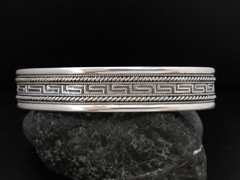 Greek Silver Cuff Bracelet 15mm, Greek Key Meander Men Women Unisex Jewelry From Greece