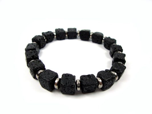 Santorini Natural Black Volcanic Cube Lava 8x8mm  Handmade Men Women Unisex Bracelet