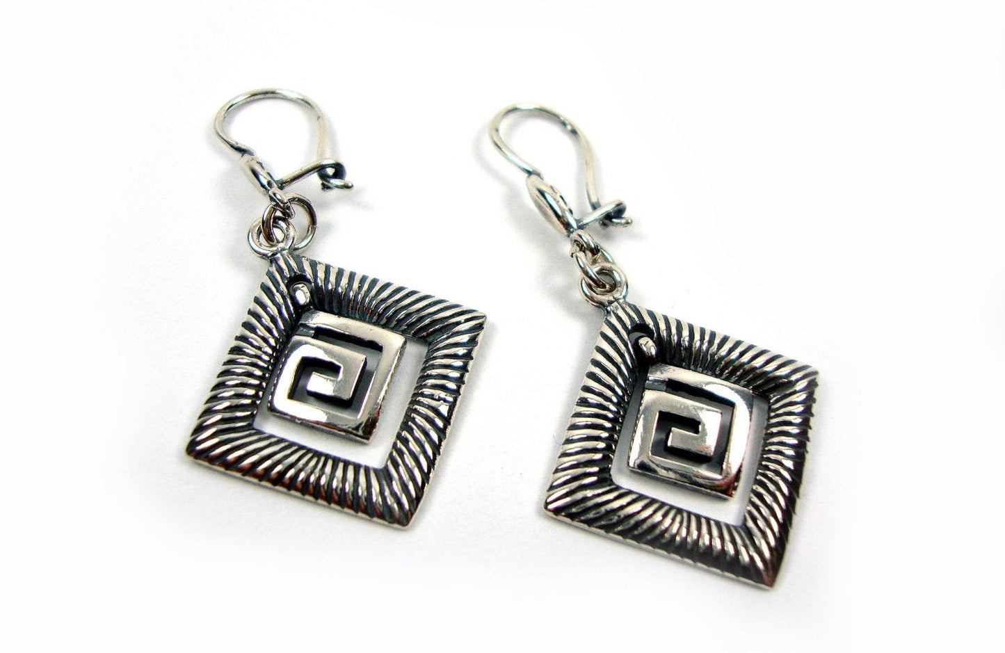 Sterling Silver 925 Modern Greek Eternity Key Dangle Earrings