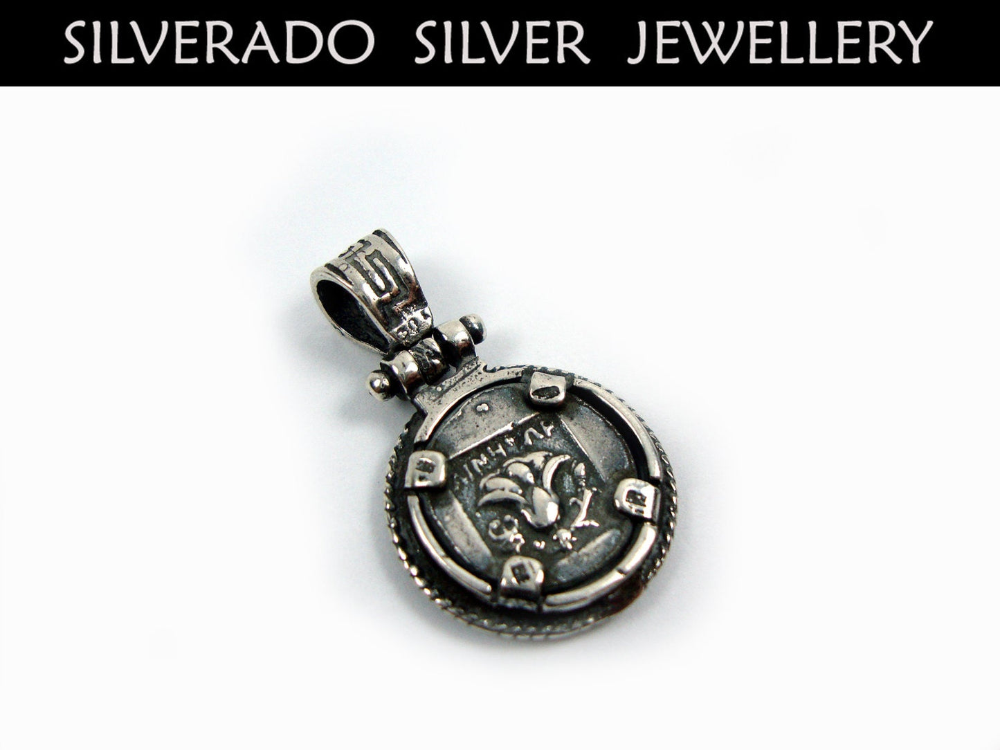 Sterling Silver Solid 925 Ancient Greek Jewelry Replica Coin Didrachmon Helios Dieu du soleil de Rhodes 17 mm, Pendentif grec, Pièce de monnaie grecque