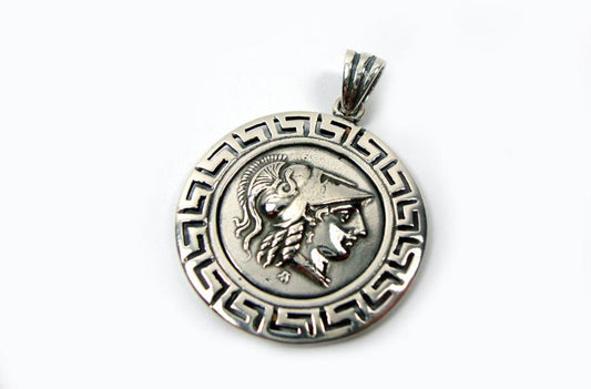 Sterling Silver 925 Ancient Greek Goddess Athena Solid Round Pendant 29 mm Greek Eternity Key , Greek Pendant , Greek Coin , Greek Jewelry