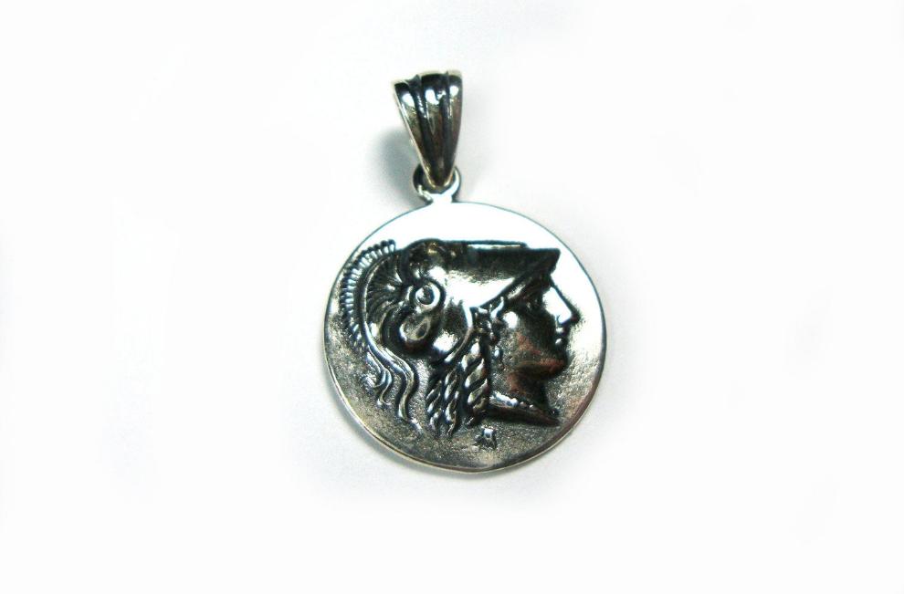 Goddess Athena silver Greek pendant in 19mm diameter and made in Greece.