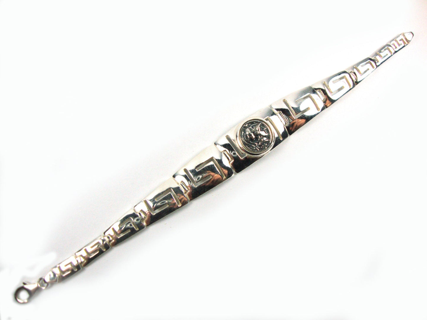 Silber griechisches Athena Armband 19cm, griechischer Schlüsselschmuck Mäander Design Münzarmband, Griechischer Silber Armband Schmuck, Bijoux Grecque,
