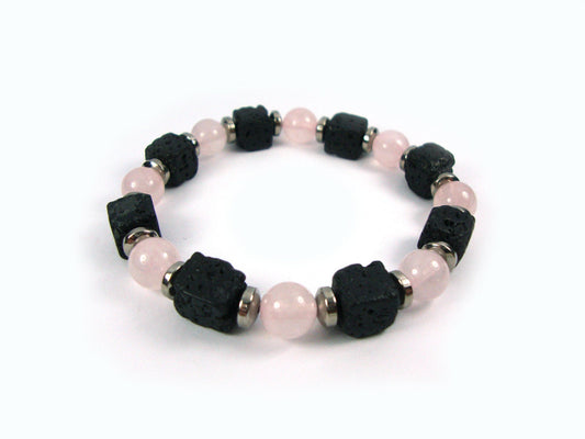 Santorini Natural Black Volcanic Cube Lava & Pink Quartz 8x8mm  Handmade Men Women Unisex Bracelet