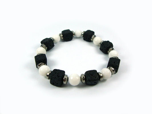Santorini Natural Black Volcanic Cube Lava & White Onyx 8x8mm  Handmade Men Women Unisex Bracelet
